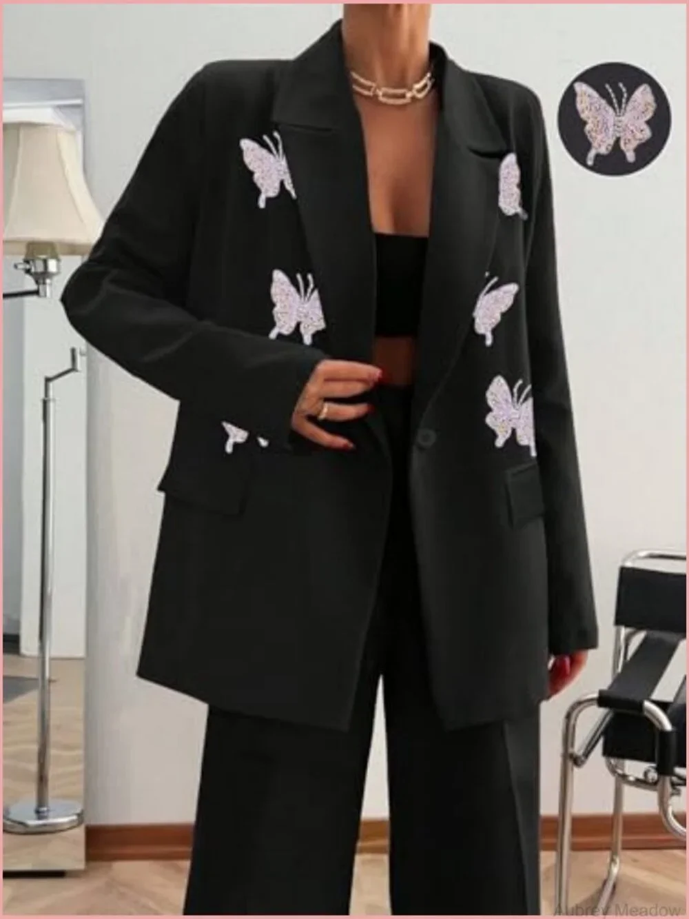 3D Butterfly Stones Beaded Blazer Long Sleeve Lapel Pockets Dressy Suit Jacket